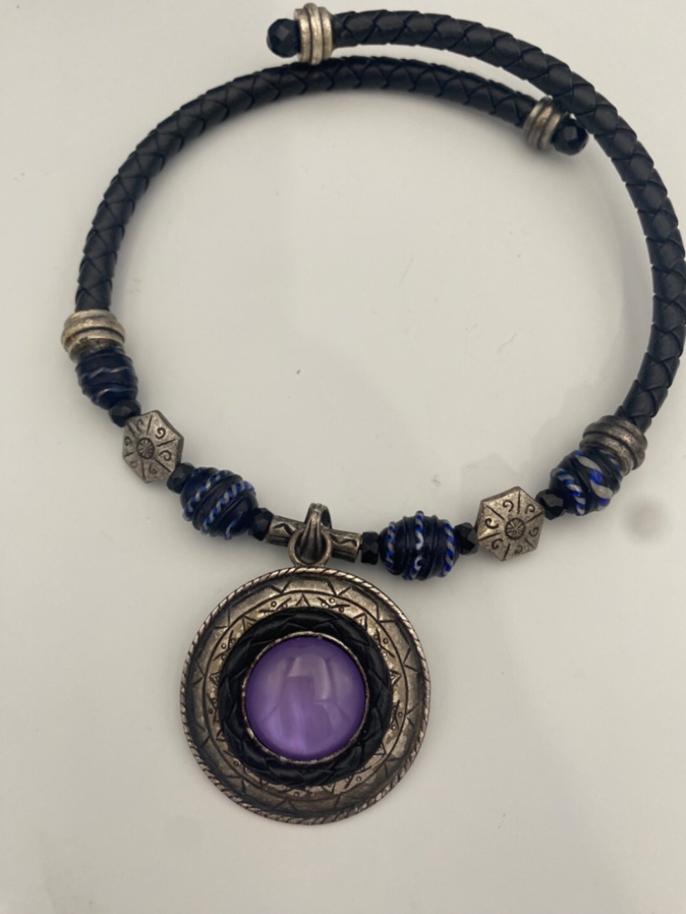 Vintage Statement Purple Stone Medallion Necklace Black Braid Cord